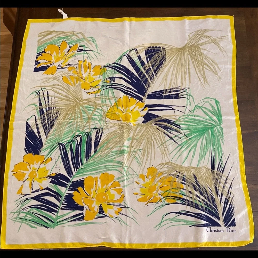Dior Floral Print Scarf in Yellow and Green